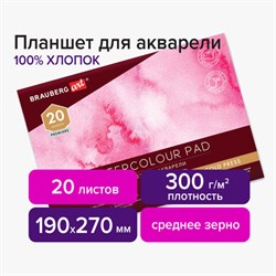 Планшет для акварели ХЛОПОК 100%, 300 г, 190х270 мм, склейка, 4 стороны, среднее зерно, 20 л., BRAUBERG ART PREMIERE, 113240  - фото 13588744