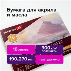 Альбом для акрила и масла, 300 г/м2, 190х270 мм, 10 листов, склейка, тиснение "холст", BRAUBERG ART PREMIERE, 113267 - фото 13588756