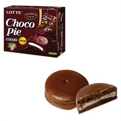 Печенье LOTTE "Choco Pie Cacao" ("Чоко Пай Какао"), глазированное, картонная упаковка, 336 г, 12 шт. х 28 г - фото 13591662