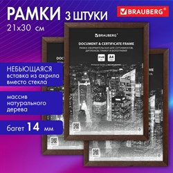 Рамка 21х30 см небьющаяся, КОМПЛЕКТ 3 шт., багет 14 мм дерево, BRAUBERG &quot;Elegant&quot;, цвет венге, 391356