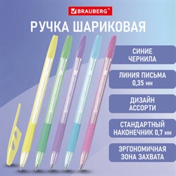 Ручка шариковая с грипом BRAUBERG "ULTRA GT PASTEL", СИНЯЯ, корпус ассорти, линия 0,35 мм, 144053 - фото 13621440