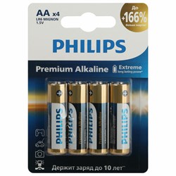 Батарейки алкалиновые "пальчиковые" КОМПЛЕКТ 4 шт., PHILIPS Premium Alkaline, АА (LR6, 24А), блистер, Б0062753 - фото 13644398