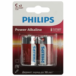 Батарейки алкалиновые КОМПЛЕКТ 2 шт., PHILIPS Power Alkaline, C (LR14, 14А), блистер, Б0062687 - фото 13644401