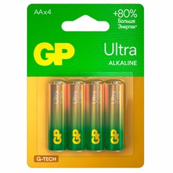 Батарейки КОМПЛЕКТ 4 шт., GP Ultra G-Tech, AA (LR6, 15А), алкалиновые, пальчиковые, 15AUA21-2CRSBC4 - фото 13695207