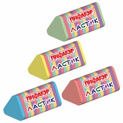 Ластик трехгранный ПИФАГОР "ЭНИКИ-БЕНИКИ", 35х18х18 мм, картонный держатель, цвета ассорти, 272668 - фото 13705603