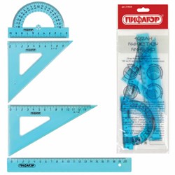 Набор чертежный средний ПИФАГОР (линейка 20 см, 2 треугольника, транспортир), тонированный, европодвес, 210628 - фото 13743966