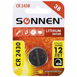 Батарейка литиевая SONNEN Lithium CR2430 "таблетка, дисковая, кнопочная" 1 шт., блистер, 455600 - фото 13747321