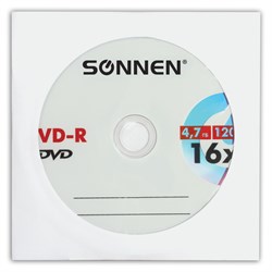 Диск DVD-R SONNEN, 4,7 Gb, 16x, бумажный конверт (1 штука), 512576 - фото 13747861