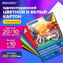 Набор картона БЕЛЫЙ + ЦВЕТНОЙ, A4, мелованный, 30 листов (белый 10 листов + цветной 20 листов, 10 цветов), папка, BRAUBERG, 116423 - фото 13756979