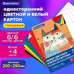 Набор картона БЕЛЫЙ + ЦВЕТНОЙ А4 мелованный, 10 листов (белый 4 листа + цветной 6 листов), в папке, BRAUBERG, 116630 - фото 13756994