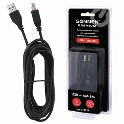Кабель USB 2.0 AM-BM, 3 м, SONNEN Premium, медь, для подключения принтеров, сканеров, МФУ, плоттеров, экранированный, черный, 513129 - фото 13757138