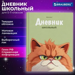 Дневник 5-11 класс 48 л., твердый, BRAUBERG, выборочный лак, с подсказом, "Суровый Кот", 107196 - фото 13764152