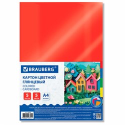 Картон цветной А4 МЕЛОВАННЫЙ, 5 листов, 5 цветов, BRAUBERG, 200х290 мм, 116628 - фото 13764197