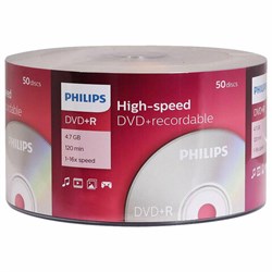 Диск DVD+R (плюс) PHILIPS, 4,7 Гб, 16x, Bulk (термоусадка без шпиля), КОМПЛЕКТ 50 шт., DR4S6U50F/97 - фото 14684101