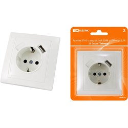 Розетка TDM ELECTRIC 2П+З с защитыми шторками 16А 250В + USB порт 2,1А 5В белая Таймыр - фото 14867652