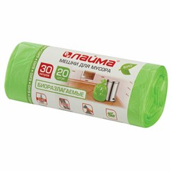 Мешки для мусора биоразлагаемые 30 л, зеленые, в рулоне 20 шт. прочные, ПНД 11 мкм, 50х60 см, LAIMA, 601400 - фото 14907957