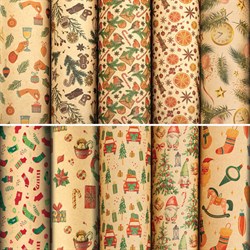 Бумага упаковочная подарочная новогодняя "Christmas Kraft", 70х100 см, 10 дизайнов ассорти, ЗОЛОТАЯ СКАЗКА, 592053 - фото 14913983