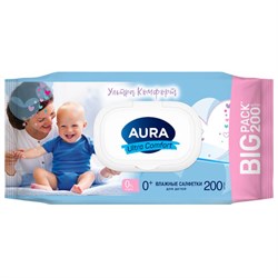 Салфетки влажные детские 200 шт., AURA Ultra Comfort, без спирта, 0+, с пластиковым клапаном, 8839 - фото 14933811