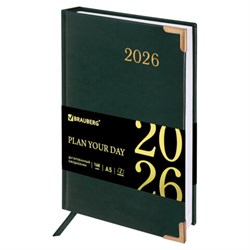 Ежедневник датированный 2026 А5 138x213мм BRAUBERG Senator, под кожу, зеленый, 117092 - фото 14988556