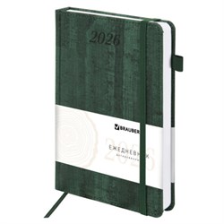 Ежедневник датированный 2026 А5 138x213 мм, BRAUBERG "Wood", под кожу, держатель для ручки, зеленый, 117109 - фото 14988573