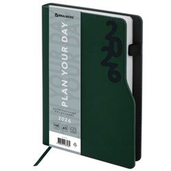 Ежедневник датированный 2026, А5, 150x213 мм, BRAUBERG "Up", под кожу, софт-тач, держатель для ручки, зеленый, 117117 - фото 14988581