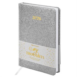 Ежедневник датированный 2026, А5, 138x213 мм, BRAUBERG "Sparkle", под кожу, блестки, серебристый, 117440 - фото 14988765