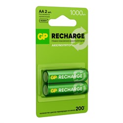Батарейки аккумуляторные GP ReCharge Ni-Mh пальчиковые КОМПЛЕКТ 2 шт., АА (HR6) 1000 mAh, 100AAHCV, 100AAHCV-2CRSB - фото 14999072