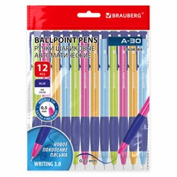 Ручки шариковые автоматические BRAUBERG A-30 COLOR MIX "WRITING 3.0", КОМПЛЕКТ 12 ШТ., СИНИЕ, узел 0,5 мм, линия 0,25 мм, 144342 - фото 15023117