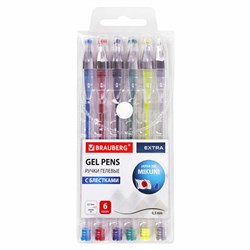 Ручки гелевые БЛЕСТКИ BRAUBERG "EXTRA", НАБОР 6 ЦВЕТОВ, узел 0,7 мм, линия 0,5 мм, 143908 - фото 15025170