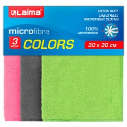 Салфетки из МИКРОФИБРЫ универсальные, 30х30 см, КОМПЛЕКТ 3 шт., ассорти (розовый, зеленый, серый), 180 г/м2, LAIMA, 700054 - фото 15039609