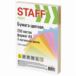 Бумага цветная STAFF, А4, 80 г/м2, 250 л., (5 цветов х 50 л.), пастель, для офиса и дома, 110890 - фото 15054062