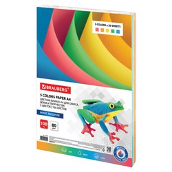 Бумага цветная BRAUBERG, А4, 80 г/м2, 100 л. (5 цветов х 20 листов), медиум, для офисной техники, 112462 - фото 15054129