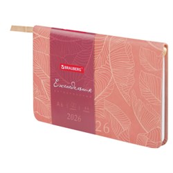 Еженедельник датированный 2026 МАЛЫЙ ФОРМАТ 95х155 мм, А6, BRAUBERG "Foliage", под кожу, розовый, 117199 - фото 15054346