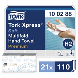 Полотенца бумажные 110 шт., TORK (H2) PREMIUM, КОМПЛЕКТ 21 пачка, 2-слойные, белые, 21х34 см, Z-сложение, 100288 - фото 15054545
