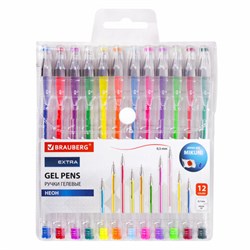 Ручки гелевые НЕОН BRAUBERG "EXTRA", НАБОР 12 ЦВЕТОВ, узел 0,7 мм, линия 0,5 мм, 143912 - фото 15054790