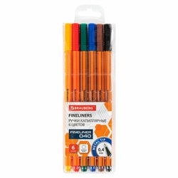 Ручки капиллярные (линеры) 6 ЦВЕТОВ, BRAUBERG "FINE 040", шестигранные, линия 0,4 мм, 144141 - фото 15054798