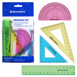 Набор чертежный малый BRAUBERG "Crystal" (линейка 15 см, 2 угольника, транспортир), цветной, 210295 - фото 15055133