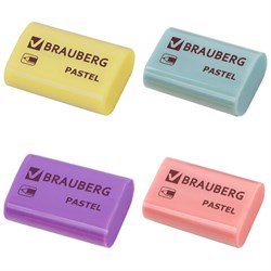 Ластик BRAUBERG "Pastel", 37х24х11мм, ассорти пастельных цветов, экологичный ПВХ, 229582 - фото 15055470