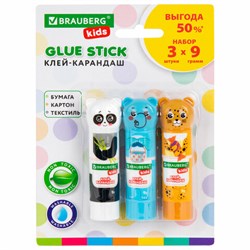 Клей-карандаш "Зверята: панда, слон, леопард" 9 г, фигурный колпачок, 3 шт./блистер, BRAUBERG KIDS, 272473 - фото 15056003