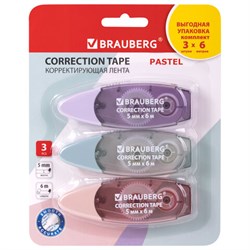 Корректирующая лента BRAUBERG PASTEL, 5 мм х 6 м, ВЫГОДНАЯ УПАКОВКА 3 штуки в блистере, 272658 - фото 15056026