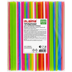 Трубочки для коктейлей прямые, пластиковые, 5 х 210 мм, цветные, КОМПЛЕКТ 250 штук, LAIMA, 608356 - фото 15059490