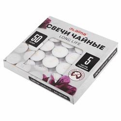 Свечи чайные Long Life, до 5 часов горения, вес 12 г, КОМПЛЕКТ 50 шт., в гильзе, LAIMA, 609200 - фото 15059668