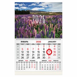 Календарь квартальный 2026 г., 1 блок, 1 гребень, магнитный курсор, мелованная бумага, BRAUBERG, "Люпины", 116915 - фото 15097494