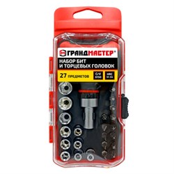 Набор бит и торцевых головок с трещоткой 1/4", 27 предметов, пластиковый бокс, ГРАНДМАСТЕР, 671327 - фото 15131766