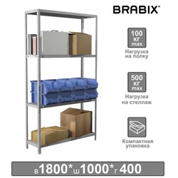Стеллаж металлический BRABIX "MS KD-180/40-4", 1800х1000х400 мм, 4 полки, сборная стойка, 291115, S240BR144402 - фото 15140128