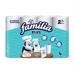 Полотенца бумажные бытовые, спайка 4 шт., 2-слойные (4х12 м), FAMILIA PLUS, 22,7x12 см, белые, 5083816 - фото 15143686