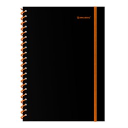 Тетрадь обложка пластик, А4 80 л., спираль пластик, резинка, клетка, BRAUBERG, черный/оранжевый, 405382 - фото 15150904