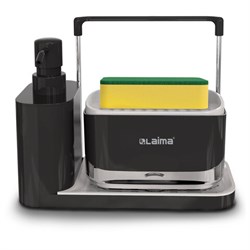 Диспенсер/дозатор DUET+ для мыла и моющего средства + губка, с держателем для тряпки, ЧЕРНЫЙ, 11х22х12 см, LAIMA HOME, 700046 - фото 15166795