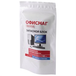 Салфетки для экранов всех типов и пластика (запасной блок) ОФИСМАГ, пакет 100 шт., влажные, 511686 - фото 15175317