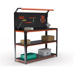Стол-верстак ООО Металекс KIT 950х1400х600 (2-е полки, + перфопанель с комплектом освещения) (оранжево-чёрный) - фото 15989730